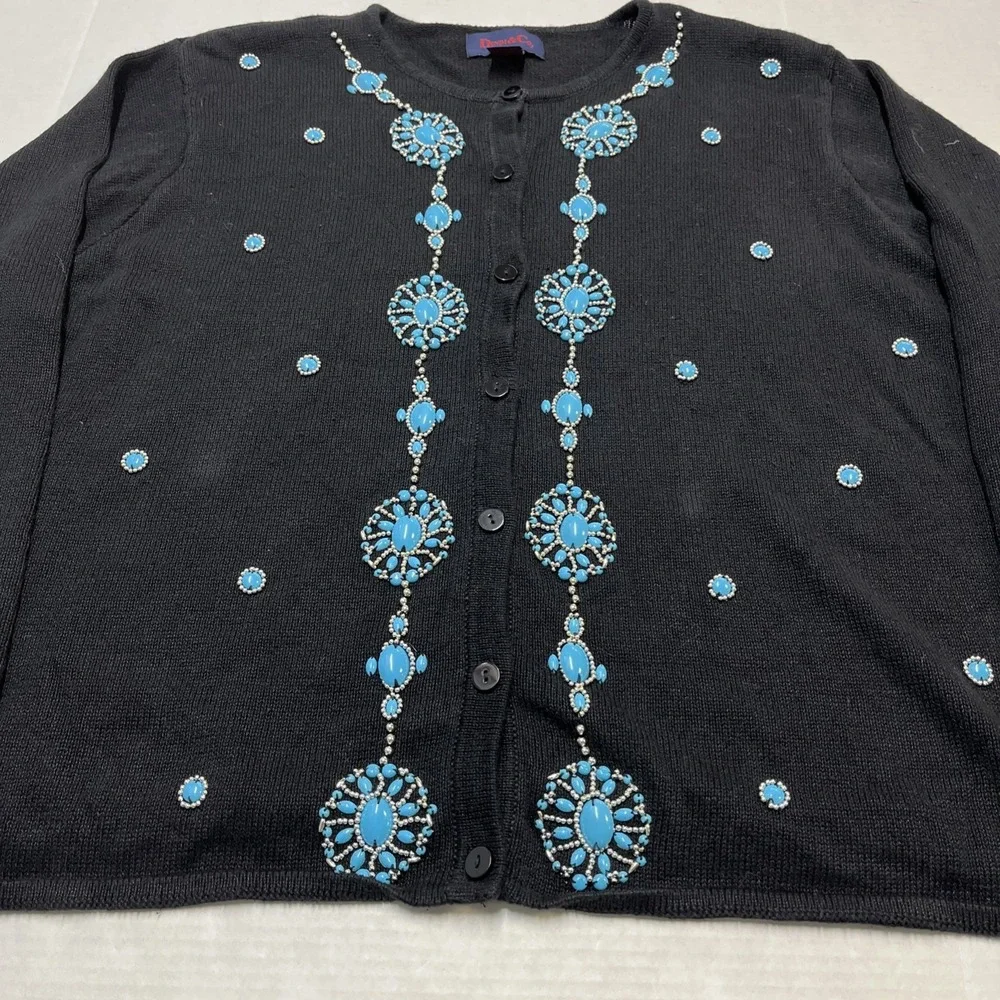Denim & Co Sweater 2X Black Turquoise Silver Beaded Embellished Cardigan Western